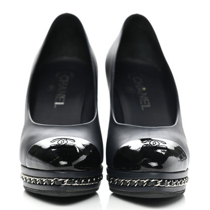 Chanel Calfskin Patent CC Cap Toe Platform Chain Pumps 39 Navy Black 2 of 9
