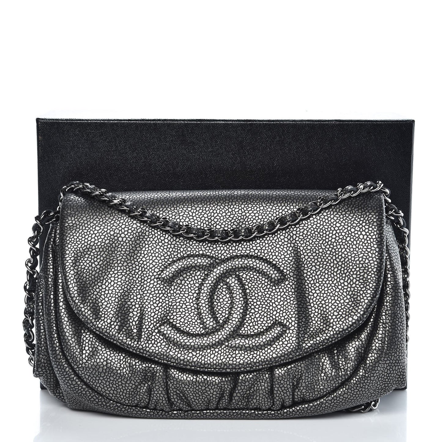 Metallic Caviar Half Moon Wallet On Chain WOC Dark Silver