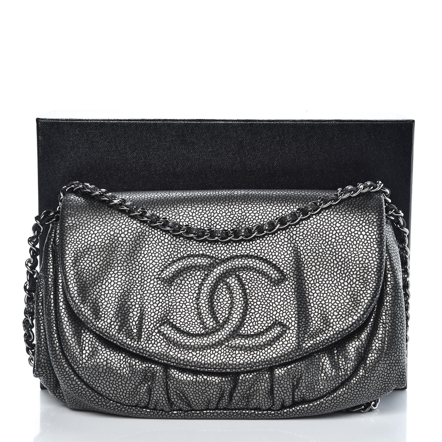 Chanel Metallic Caviar Half Moon Wallet On Chain WOC Dark Silver 9 of 9