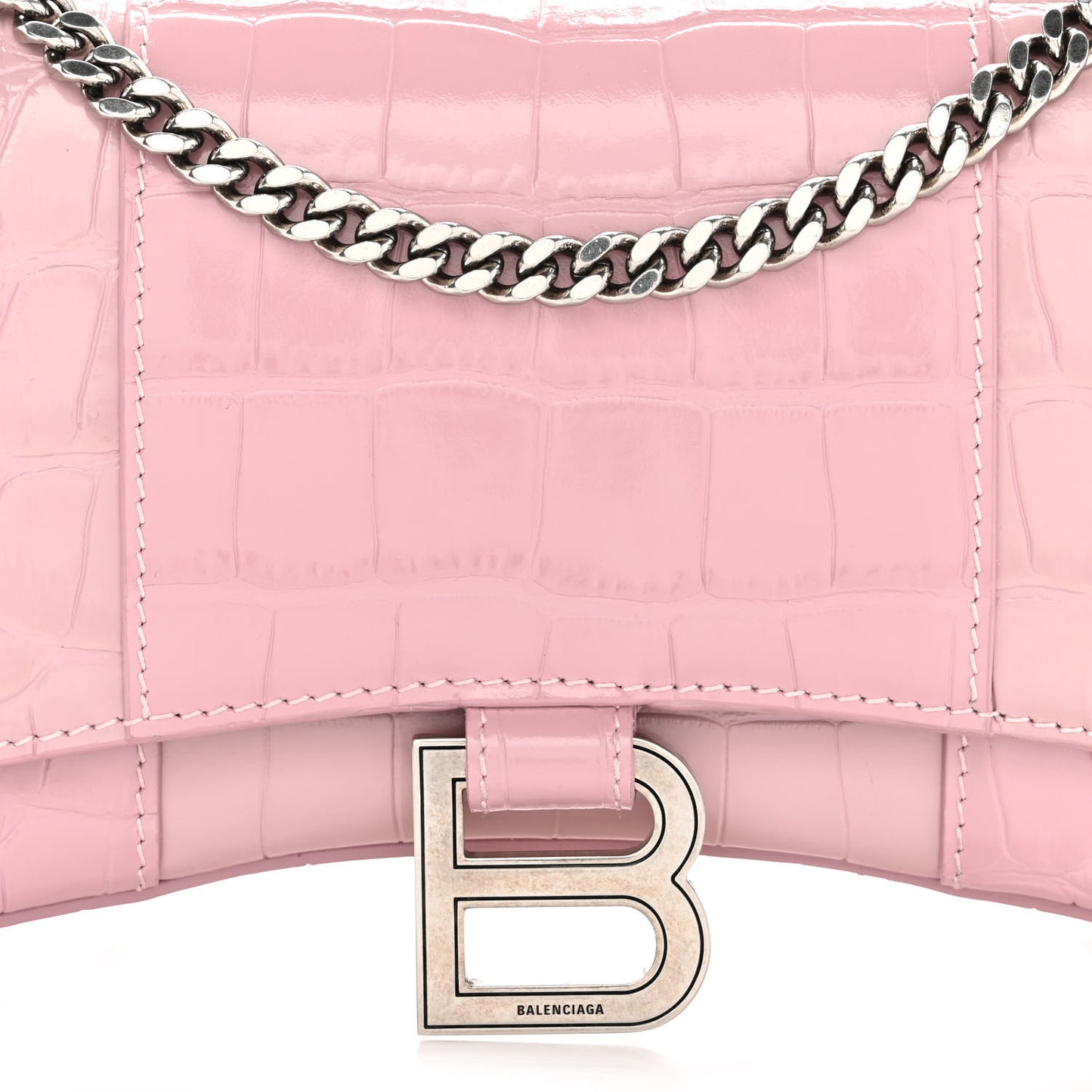 Shiny Calfskin Crocodile Embossed Hourglass Chain Bag Powder Pink