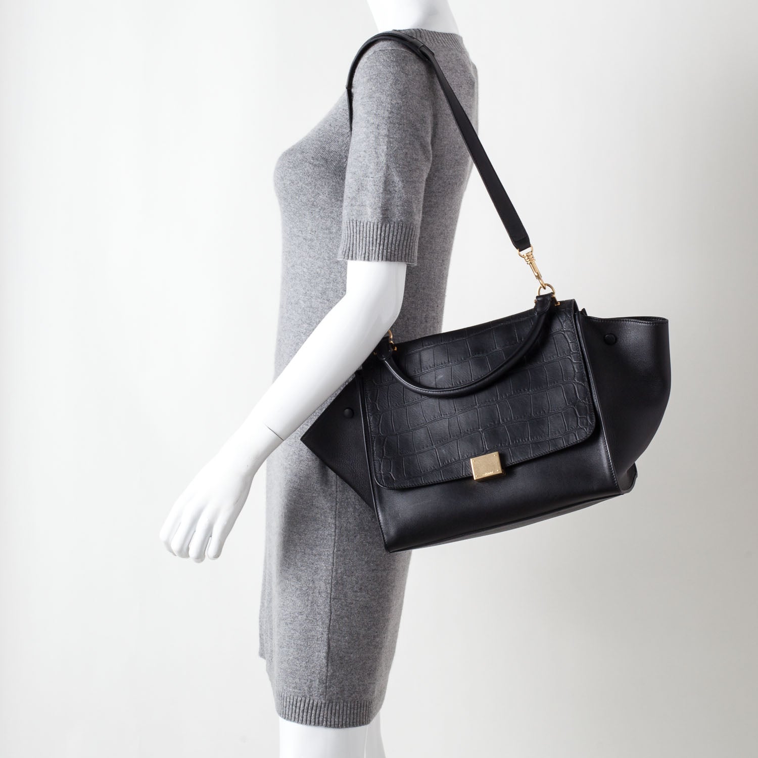 Celine Crocodile Embossed Trapeze Black 2 of 10