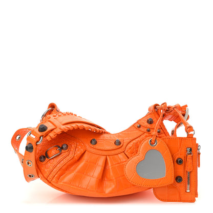 Balenciaga Extra Supple Calfskin Crocodile Embossed Le Cagole Shoulder Bag XS Pop Orange 1 of 11