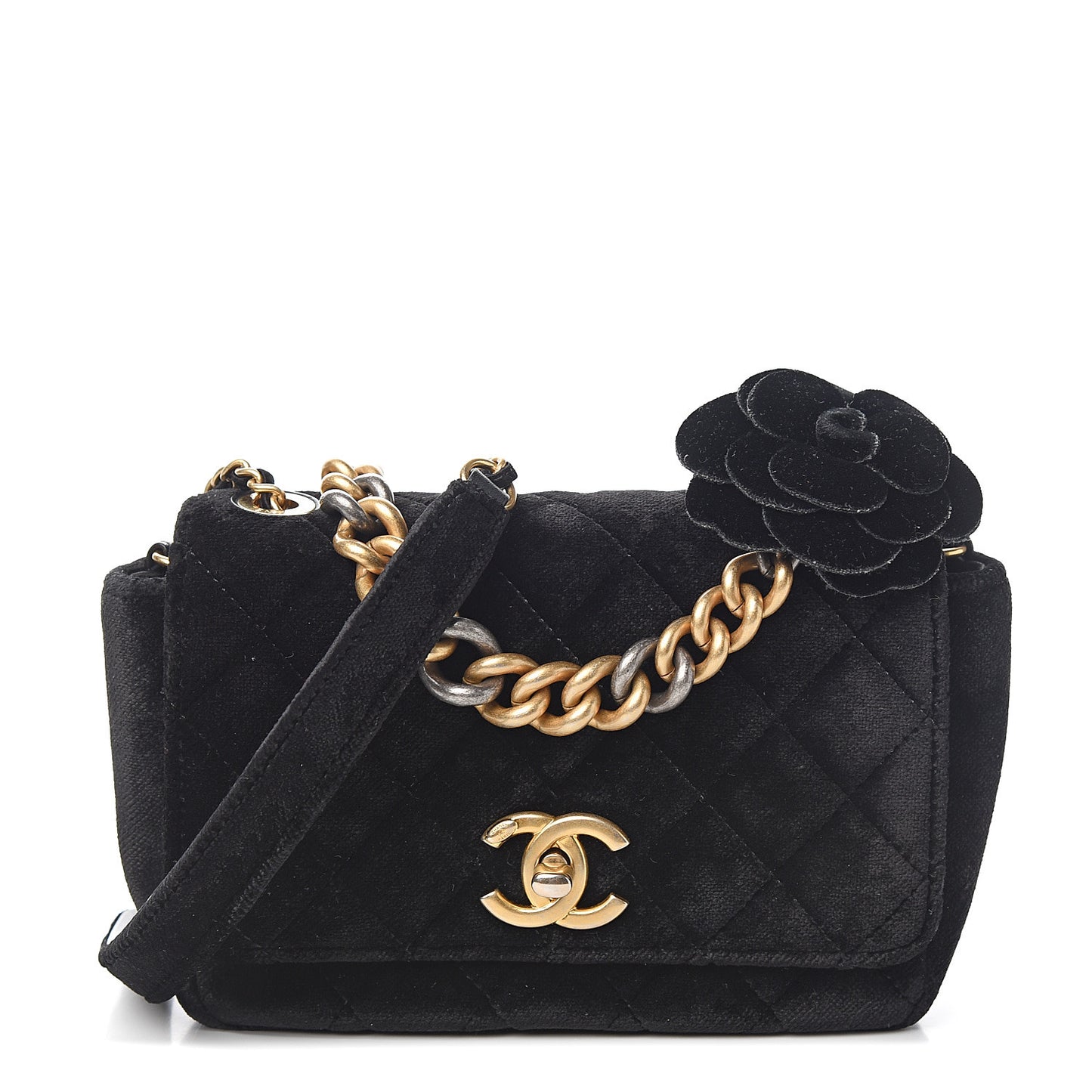 Velvet Quilted Small Camellia Flap Black