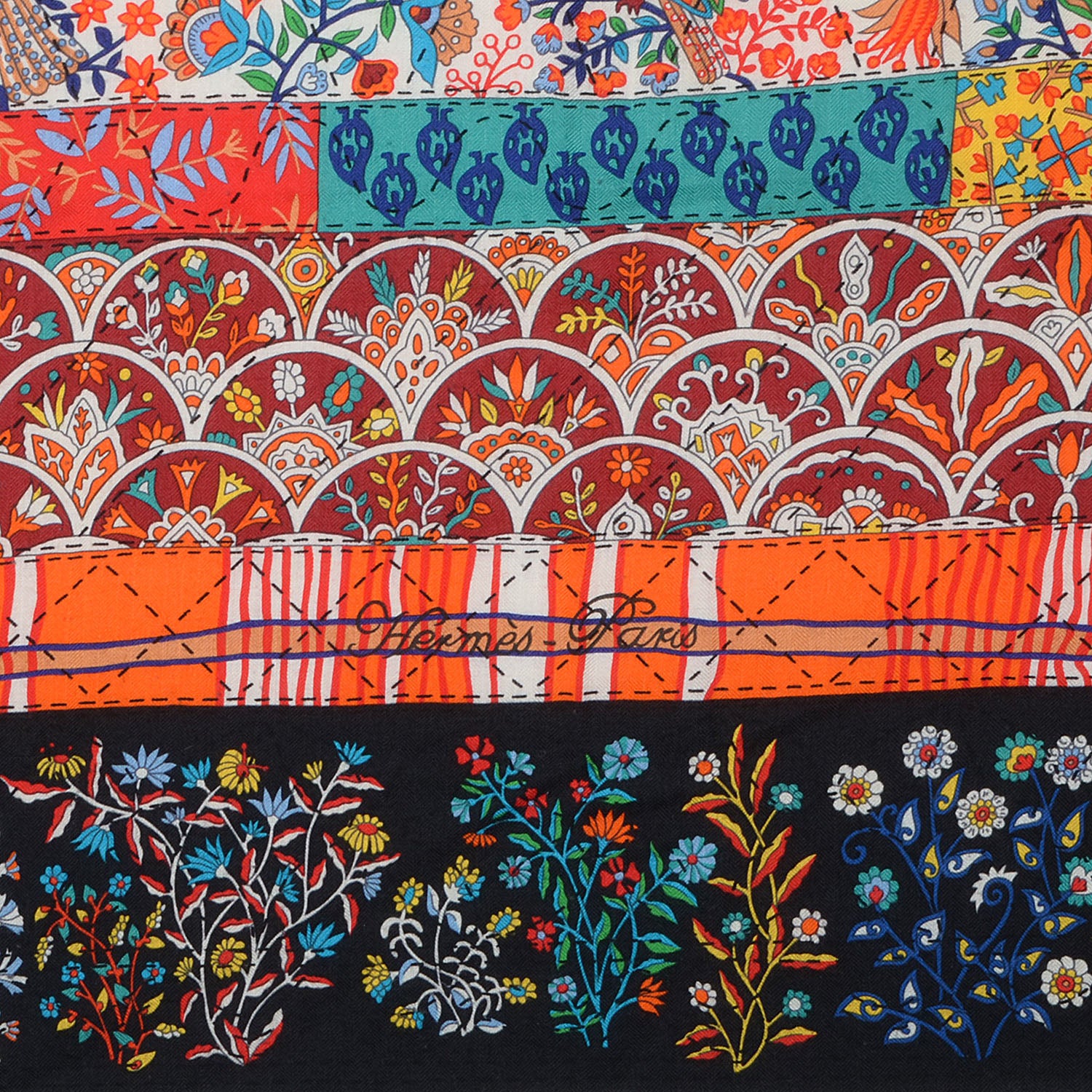 Hermes Cashmere Silk Pique Fleuri de Provence Shawl 140 Blanc Noir Multicolor 4 of 7