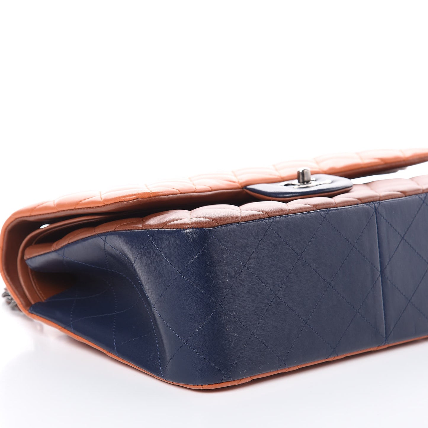 Lambskin Quilted Jumbo Tri-Color Double Flap Orange Camel Navy