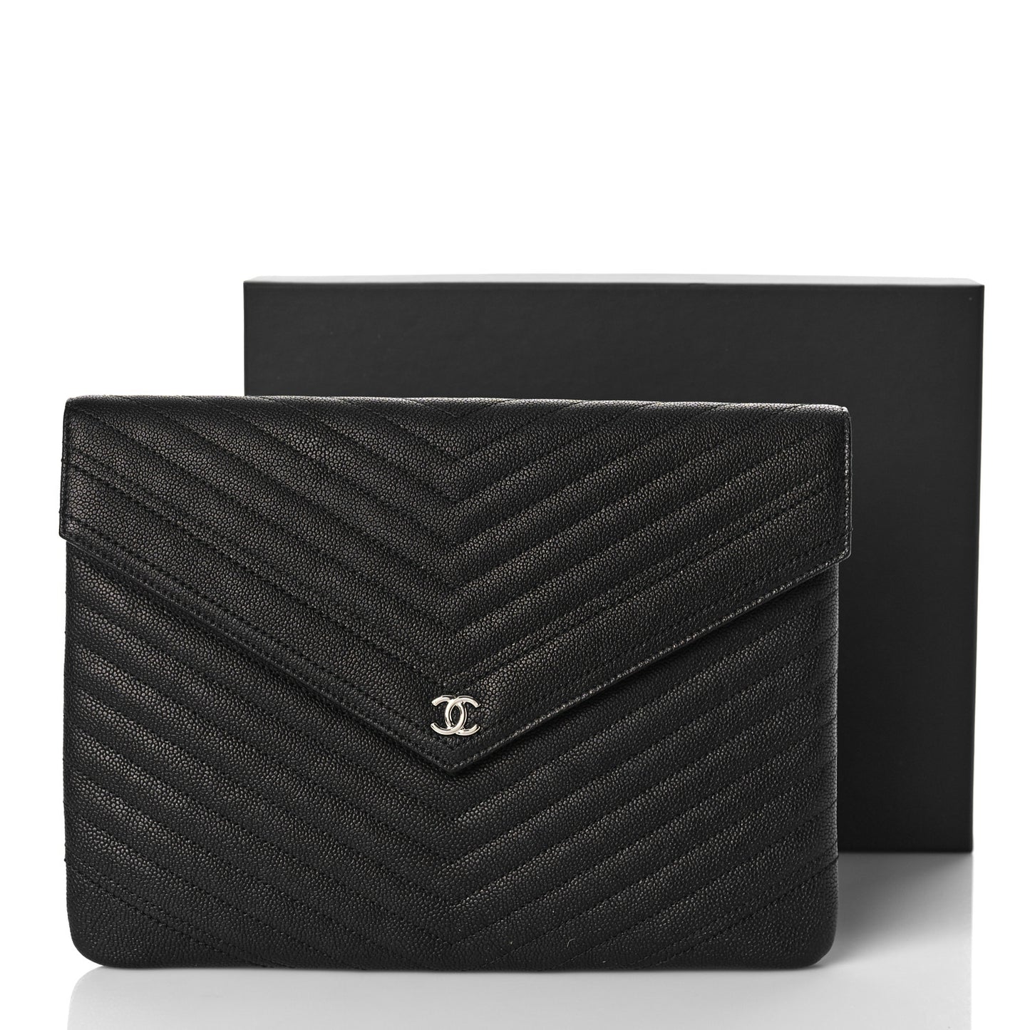 Calfskin Chevron Quilted Small Envelope Clutch Black