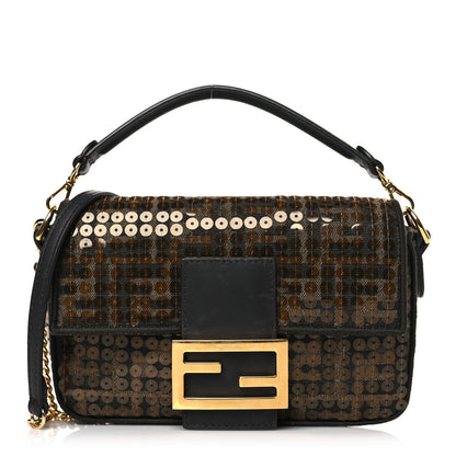 Fendi Fabric Jacquard Paillettes Vitello Seta FF 1974 Mini Baguette Testa di Moro Real Ebano 1 of 9