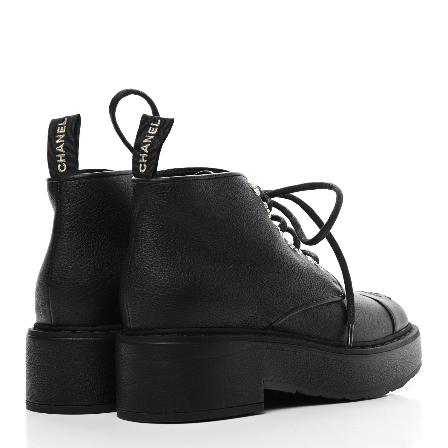 Chanel Goatskin Pearl Lace Up CC Short Boots 38 Black 4 of 8