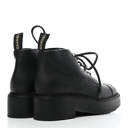 Chanel Goatskin Pearl Lace Up CC Short Boots 38 Black 4 of 8