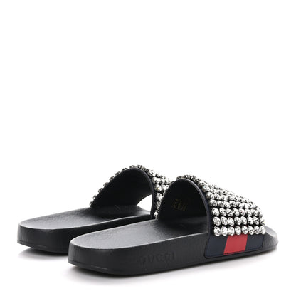 Gucci Calfskin Crystal Embellished Web Slide Sandals 40 Blue Red 4 of 8