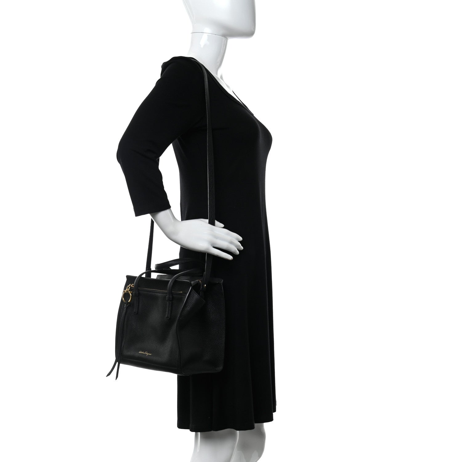 Salvatore Ferragamo Hammered Calfskin Double Handle Small Amy Tote Black 2 of 11