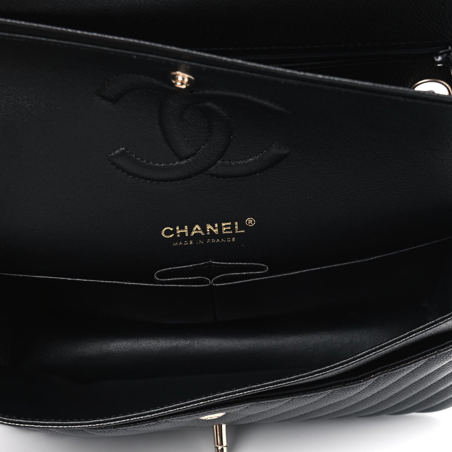 Caviar Chevron Quilted Medium Double Flap Black