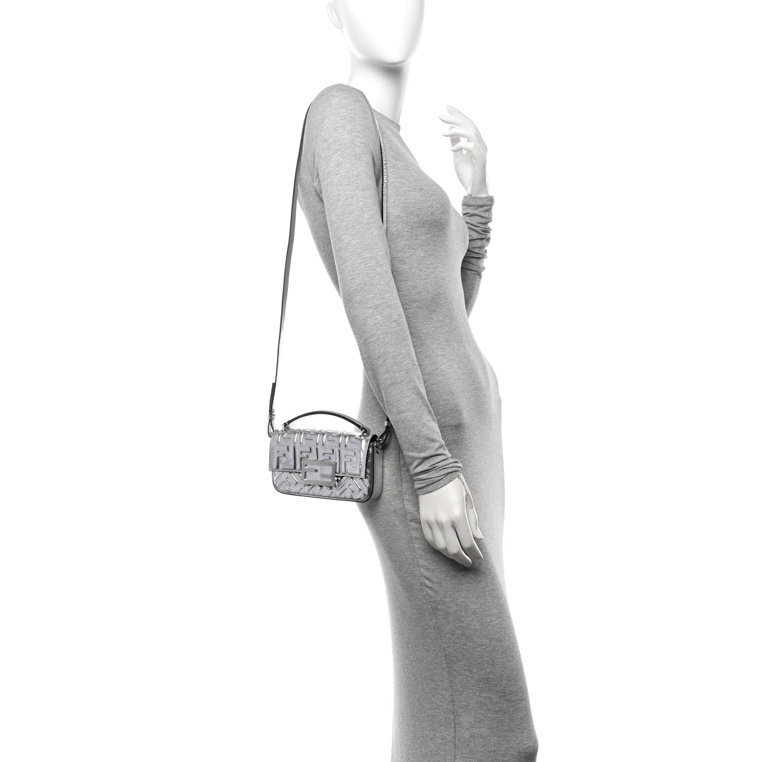 Fendi Vitello Catalan Mirror FF 1974 Embossed Phone Baguette Argento 2 of 12