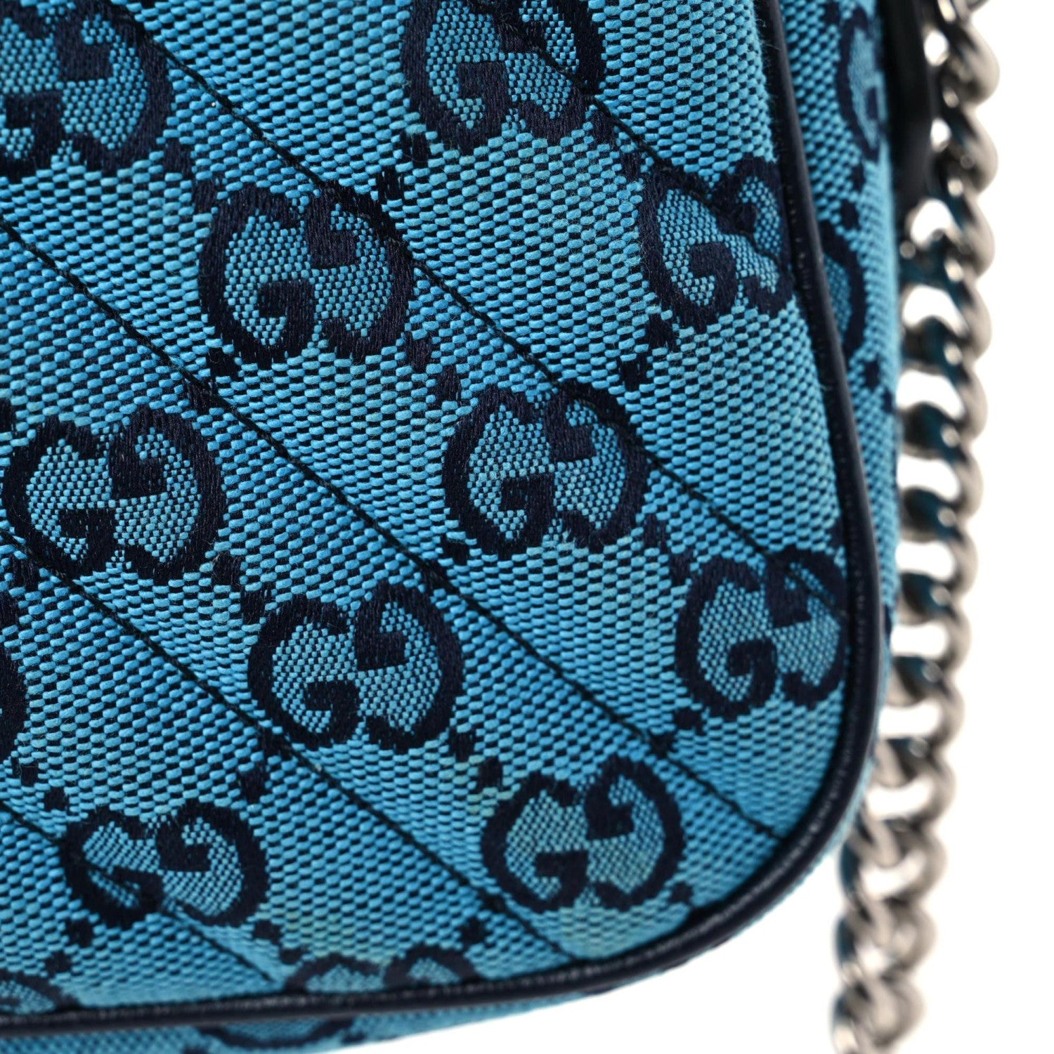 Gucci Monogram Multicolor Matelasse Diagonal Small GG Marmont Chain Shoulder Bag Light Blue 14 of 15