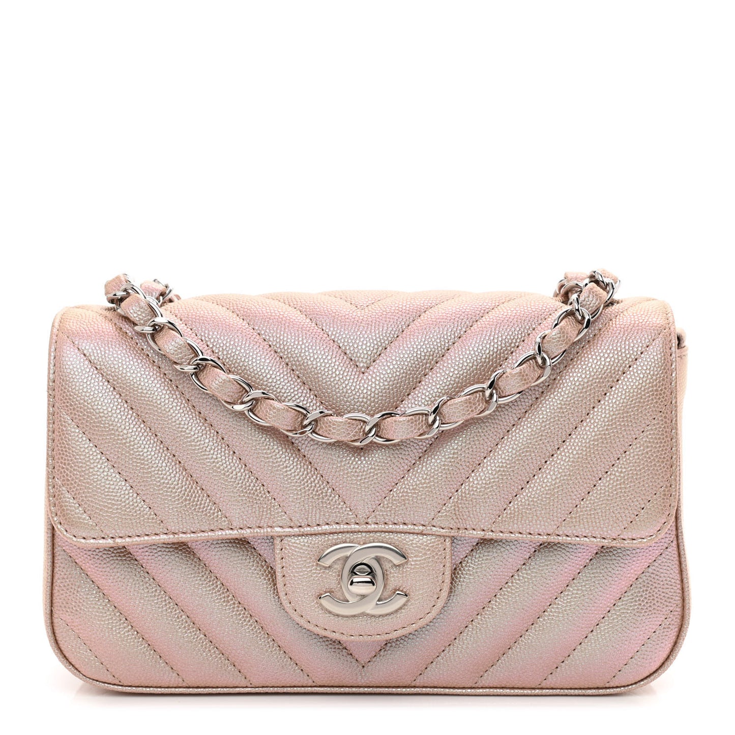Iridescent Caviar Chevron Quilted Mini Rectangular Flap Light Gold