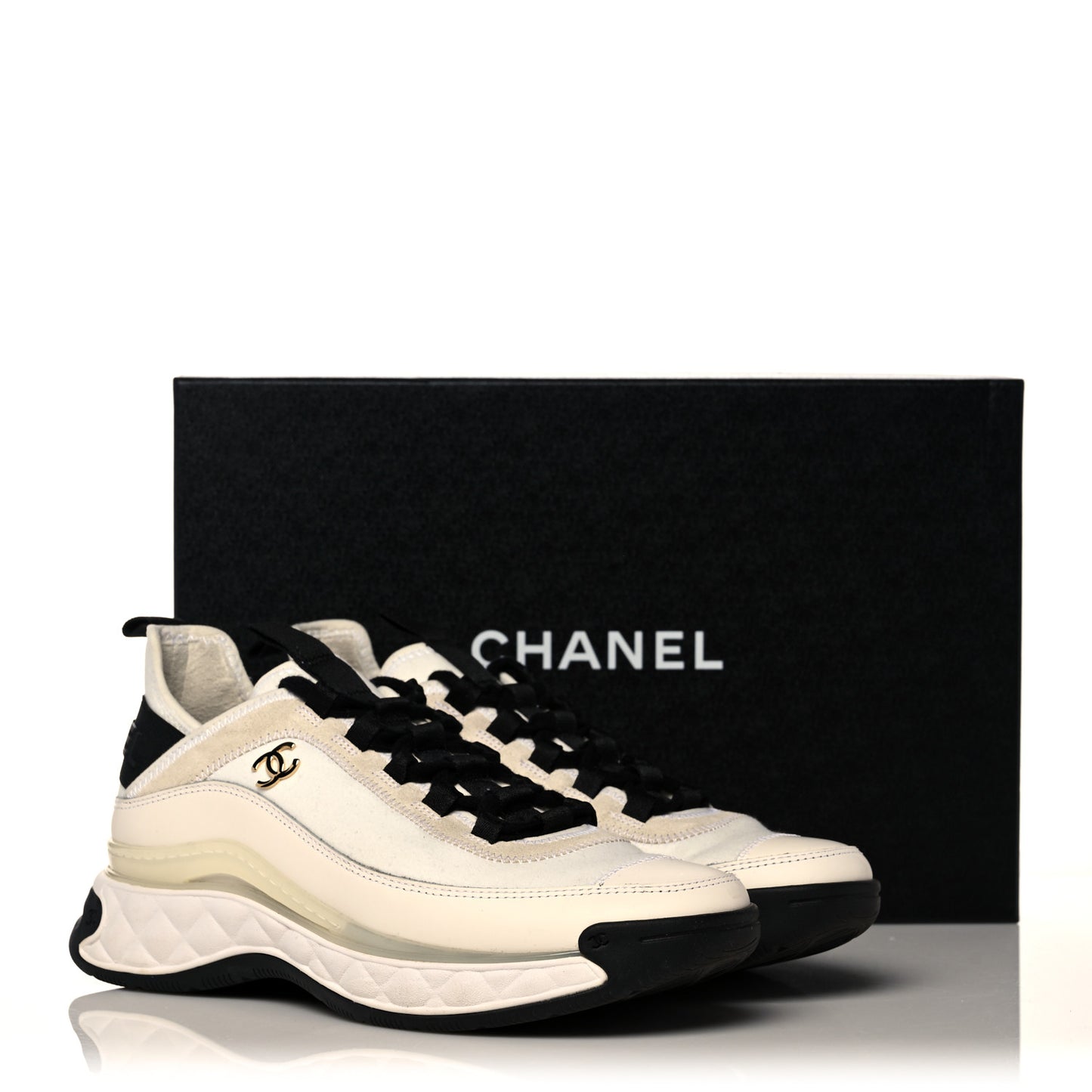 Velvet Calfskin Mixed Fibers CC Sneakers 36.5 Ivory Black