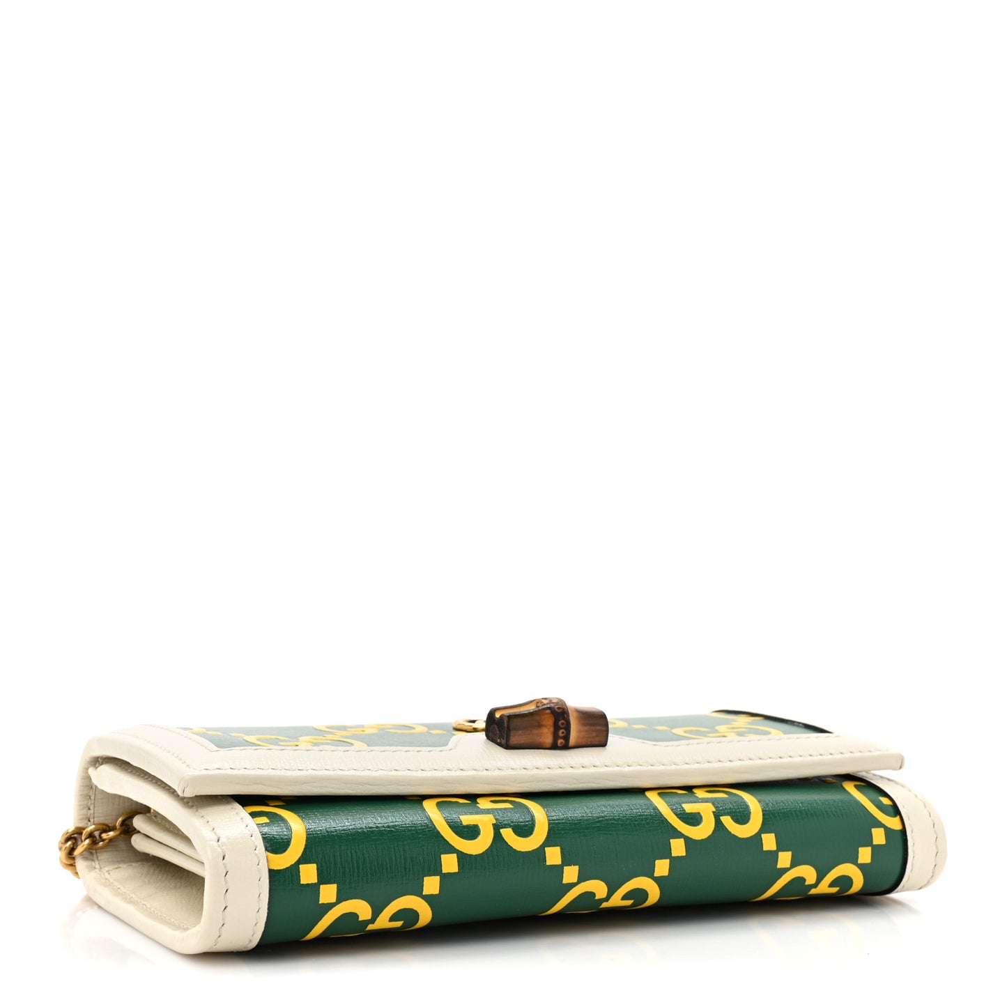 Azalea Calfskin GG Monogram Bi-Color Debossed Diana Chain Wallet Emerald Stone Topaz Mystic White