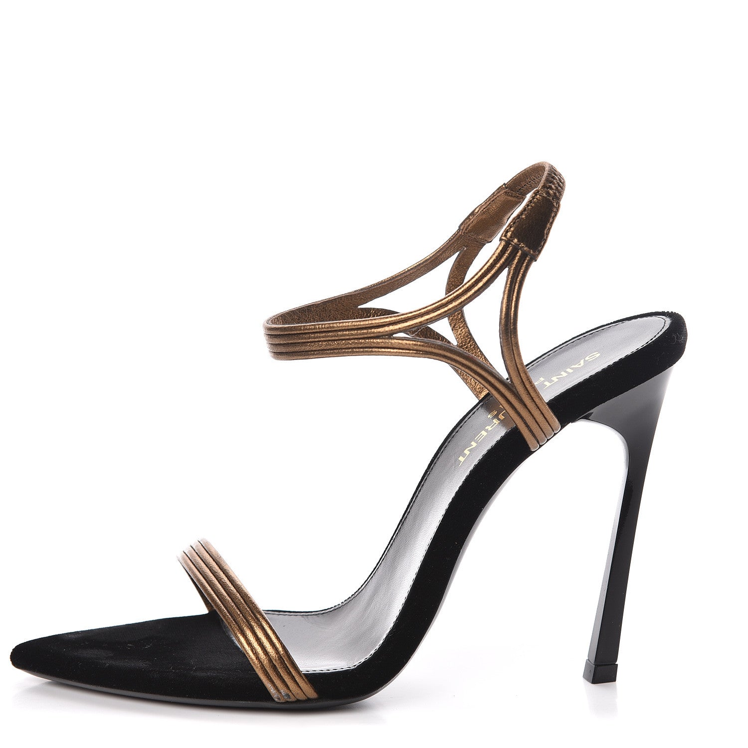Saint Laurent Metallic Velvet Talitha Ankle Strap Sandals 36 Black Gold 1 of 13