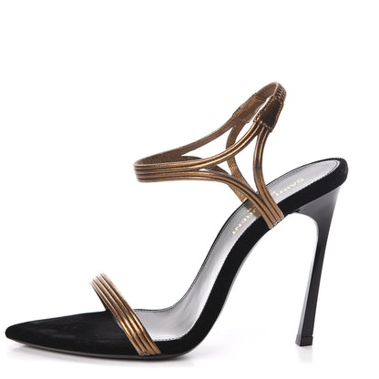 Saint Laurent Metallic Velvet Talitha Ankle Strap Sandals 36 Black Gold 1 of 13