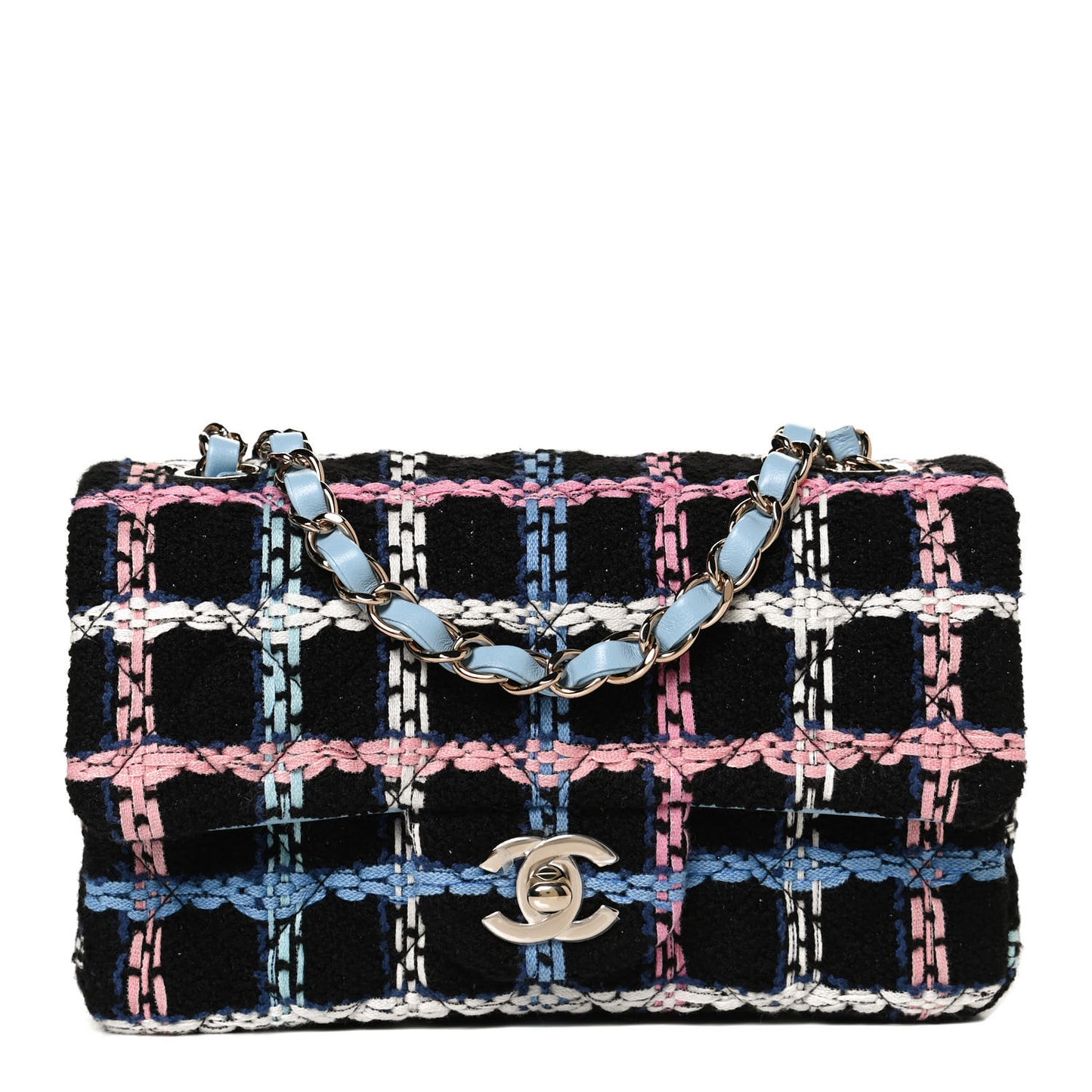 Tweed Quilted Mini Rectangular Flap Black Pink Blue Ecru