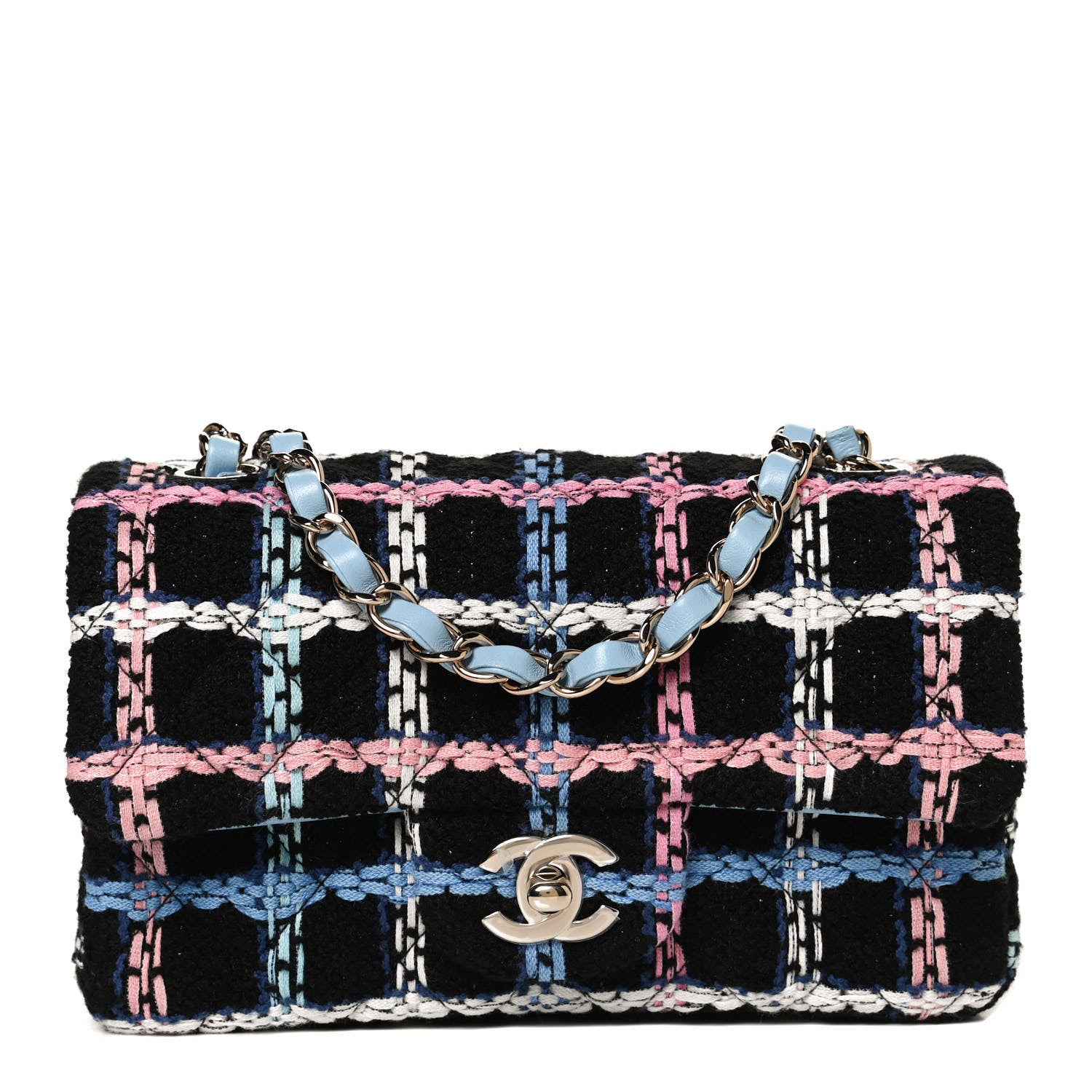 Chanel Tweed Quilted Mini Rectangular Flap Black Pink Blue Ecru 1 of 11