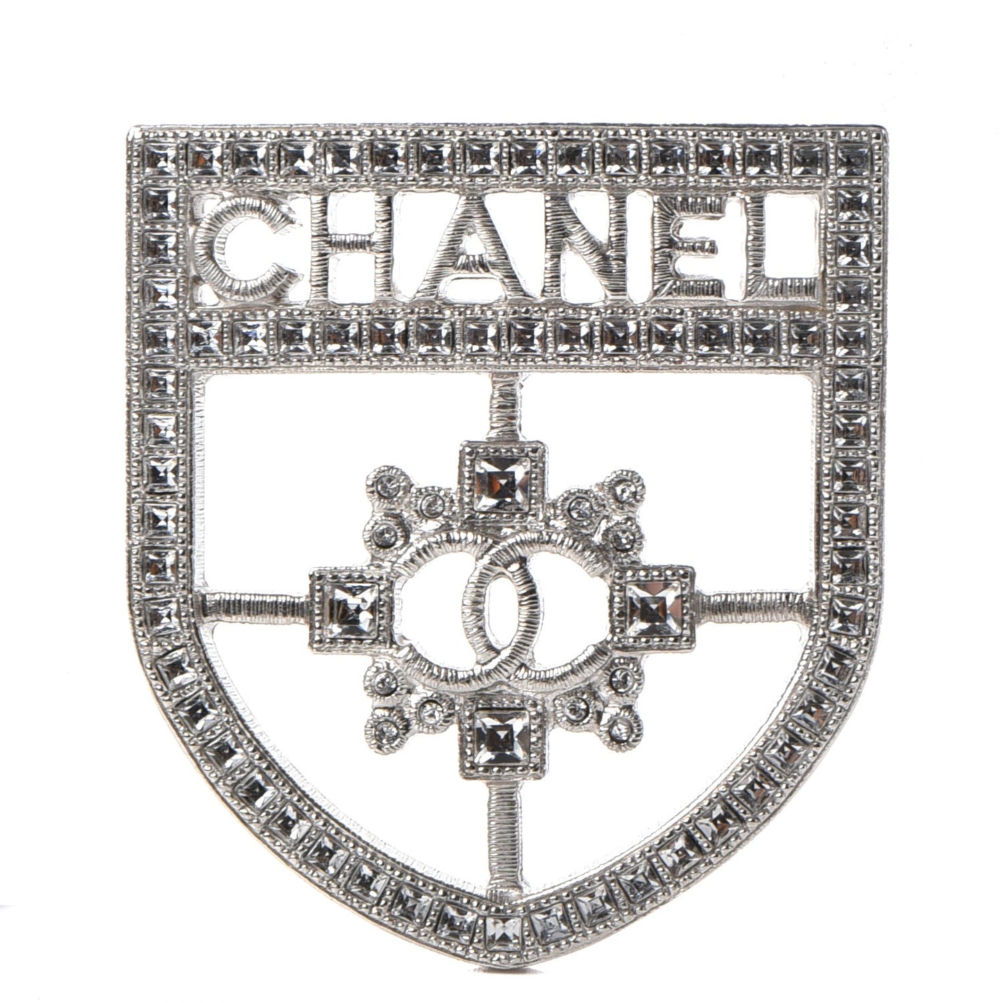 Swarovski Baguette Crystal CC Shield Brooch Silver