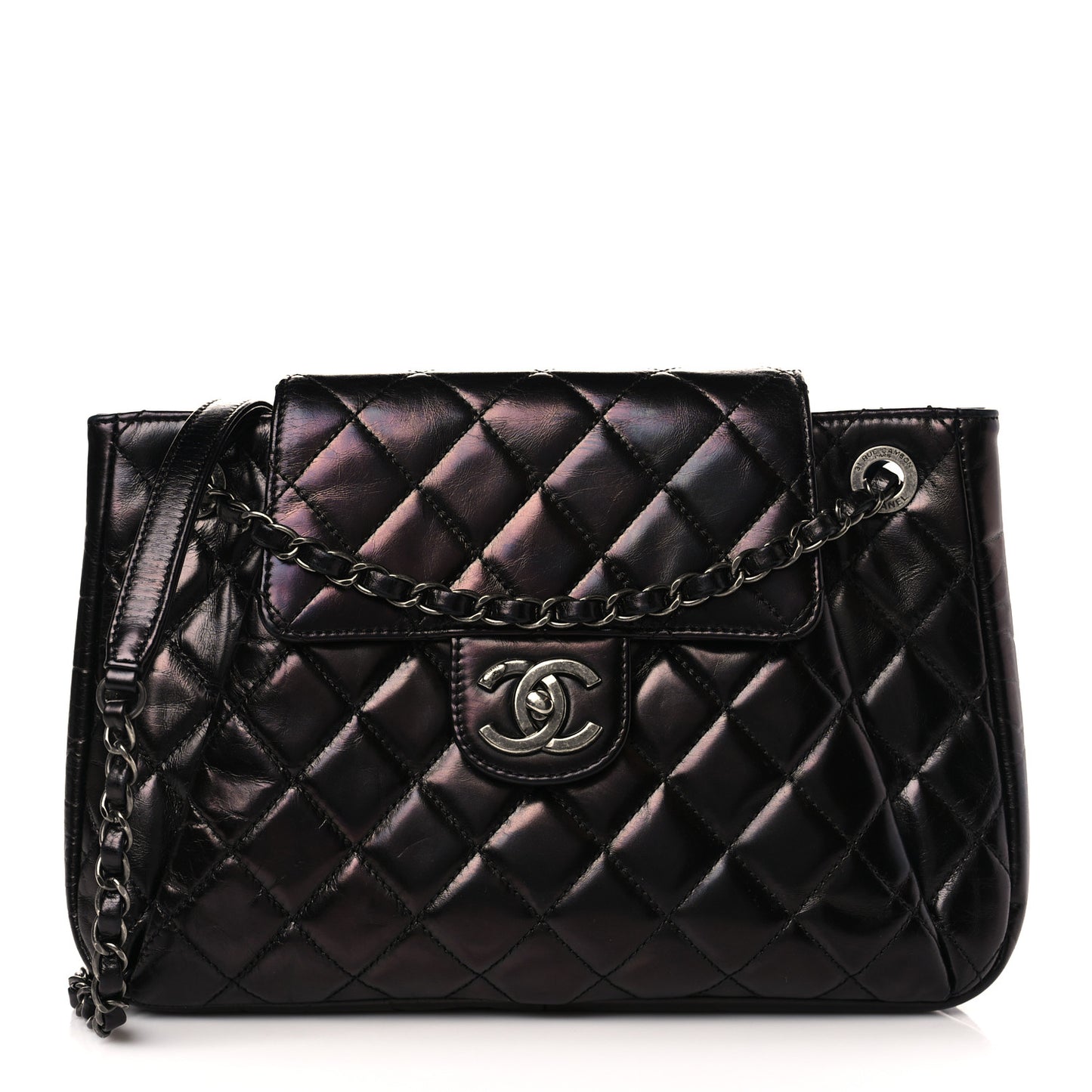 Glazed Calfskin Quilted Accordion Flap Black