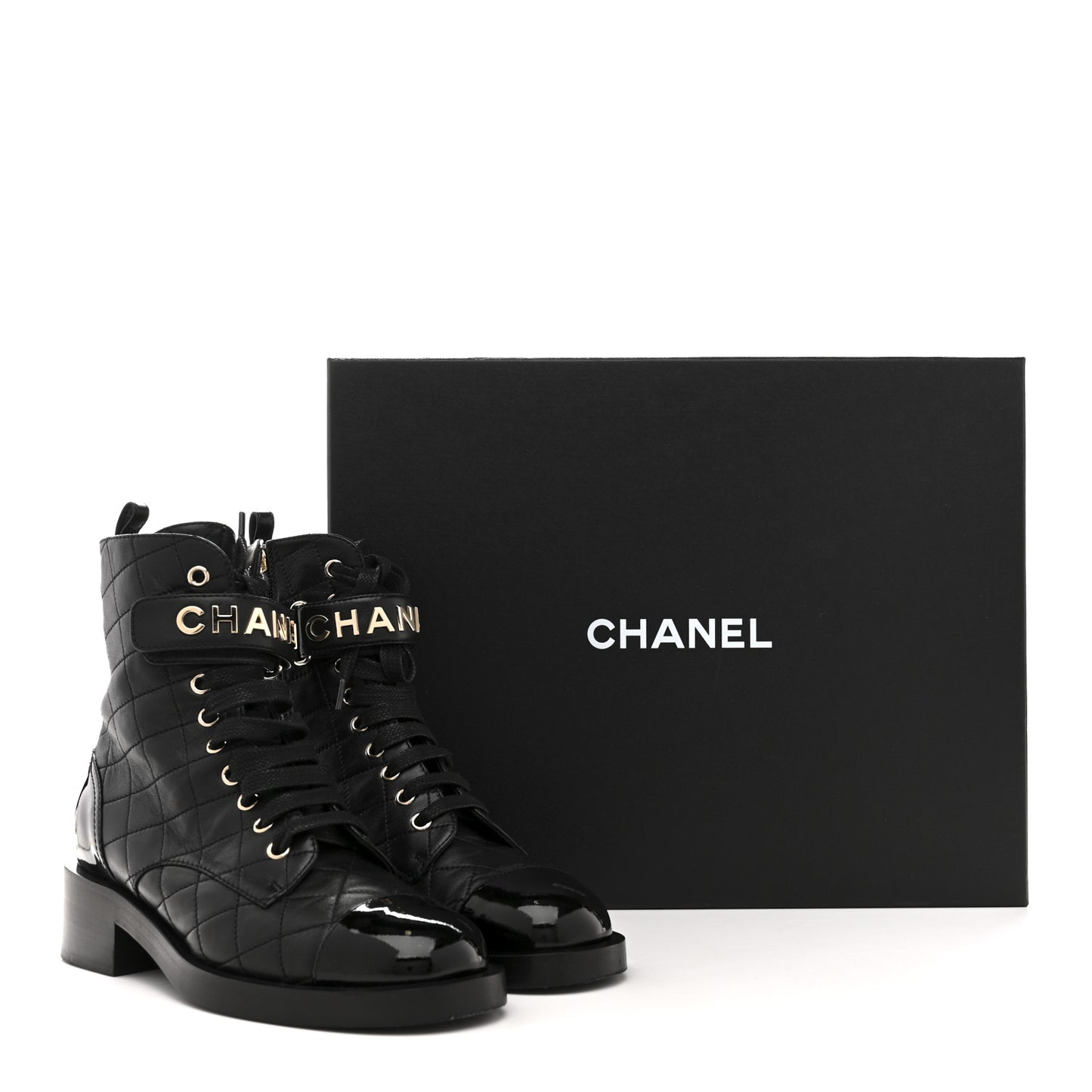 Lambskin Patent Calfskin Quilted Logo Lace Up Combat Boots 37 Black