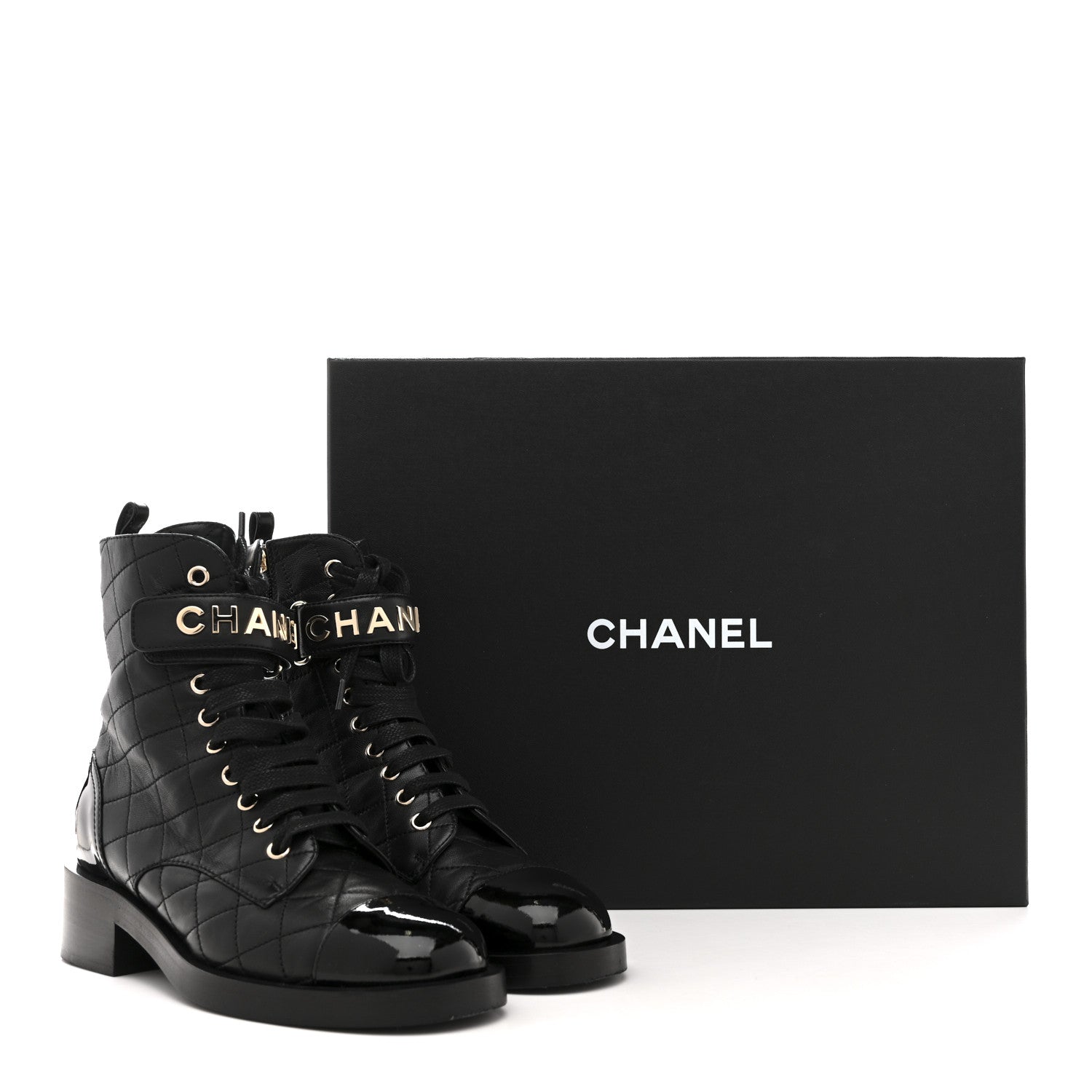 Chanel Lambskin Patent Calfskin Quilted Logo Lace Up Combat Boots 37 Black 11 of 11