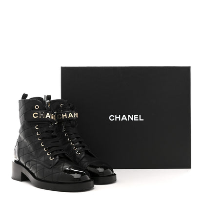 Chanel Lambskin Patent Calfskin Quilted Logo Lace Up Combat Boots 37 Black 11 of 11