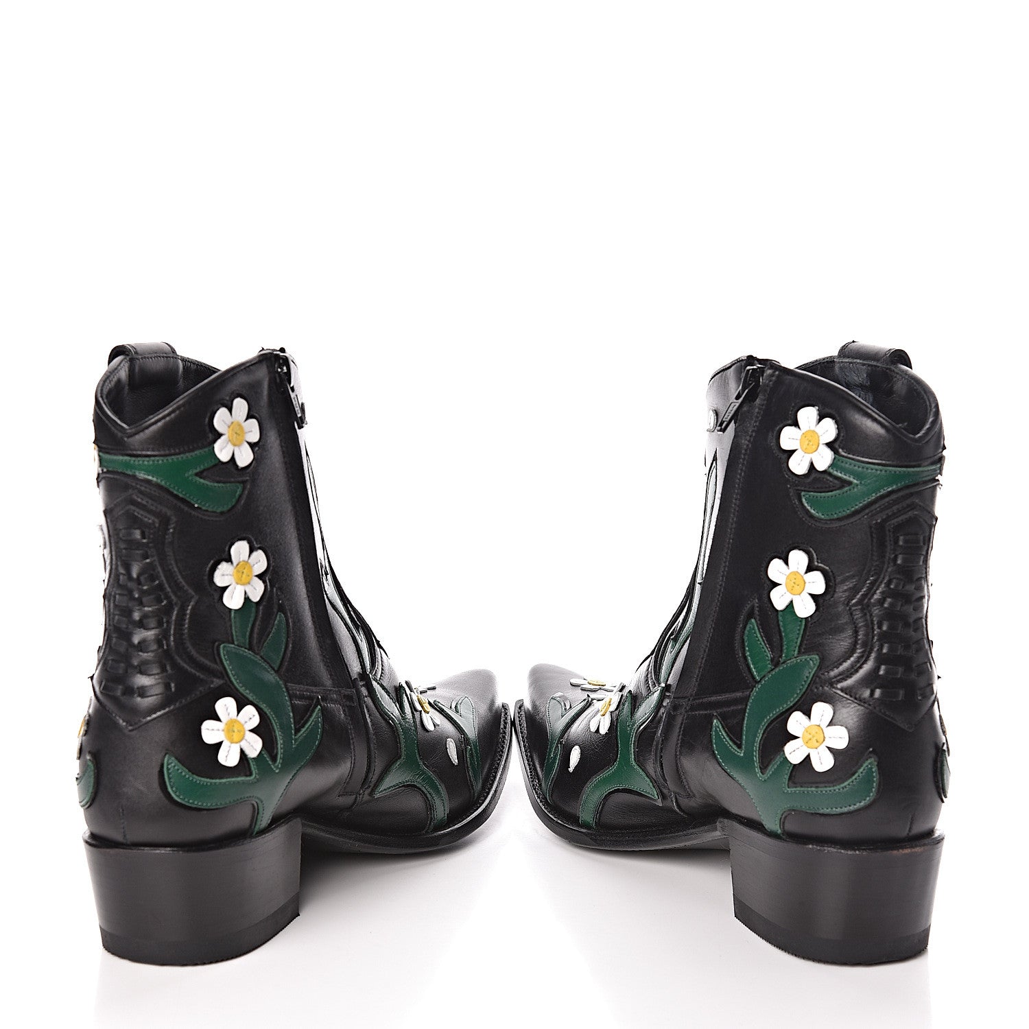 Valentino Garavani Calfskin Ranch Daisy Applique Ankle Boots 39 Black 5 of 13