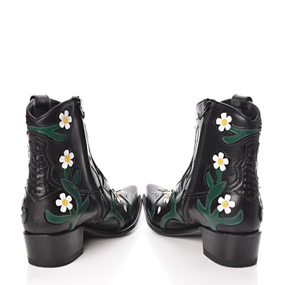 Valentino Garavani Calfskin Ranch Daisy Applique Ankle Boots 39 Black 5 of 13
