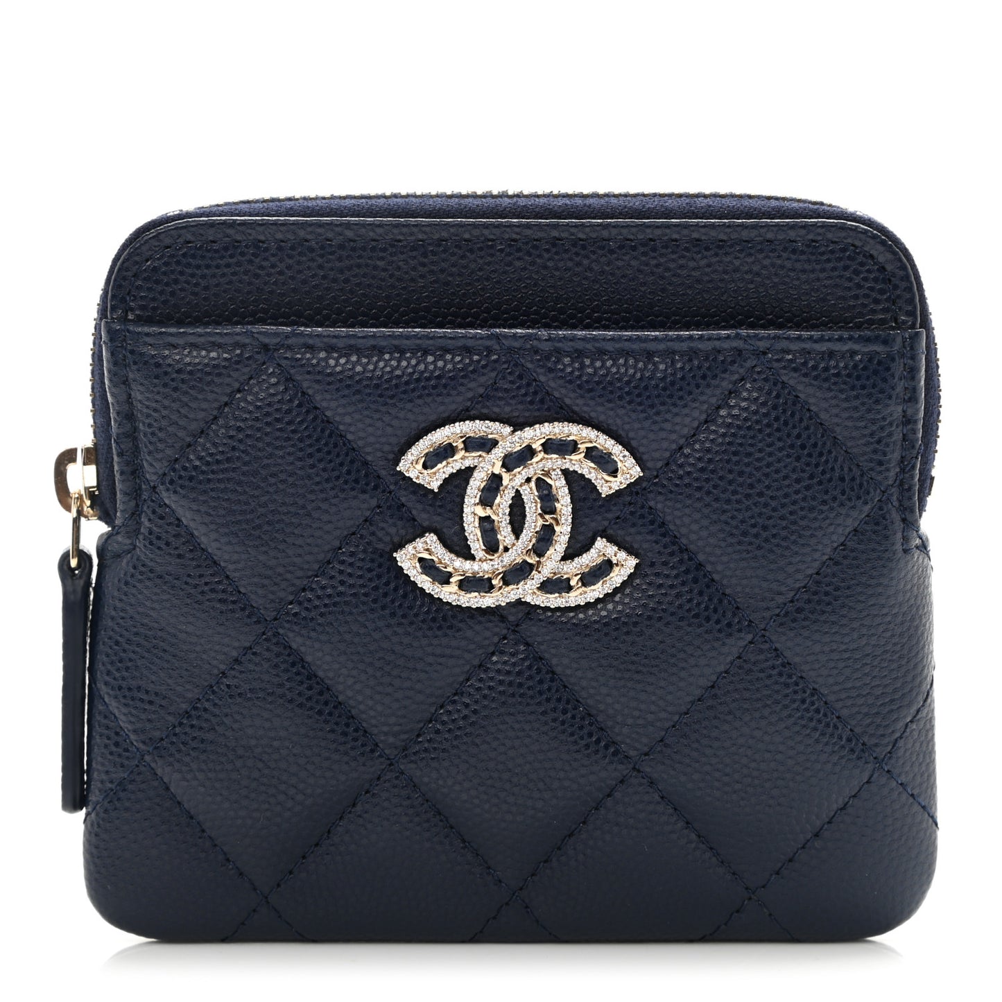 Caviar Quilted Crystal Zip Card Holder Wallet Navy