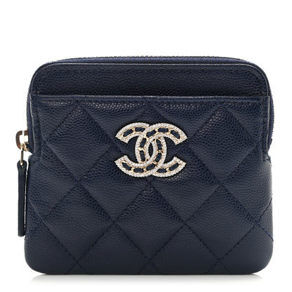 Chanel Caviar Quilted Crystal Zip Card Holder Wallet Navy 1 of 8