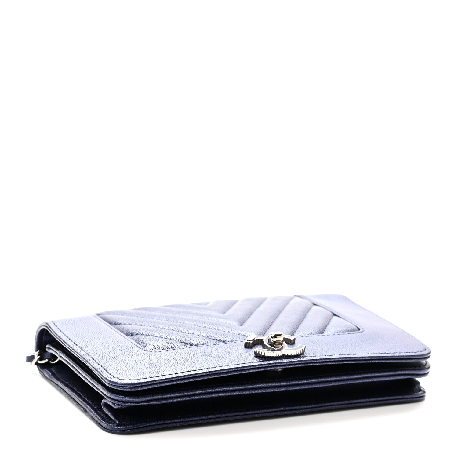 Chanel Metallic Sheepskin Chevron Quilted Vintage Mademoiselle Wallet On Chain WOC Navy 4 of 11