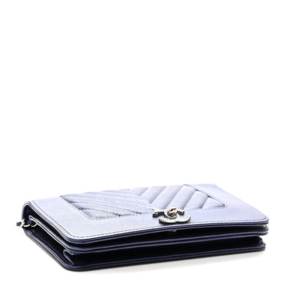 Chanel Metallic Sheepskin Chevron Quilted Vintage Mademoiselle Wallet On Chain WOC Navy 4 of 11