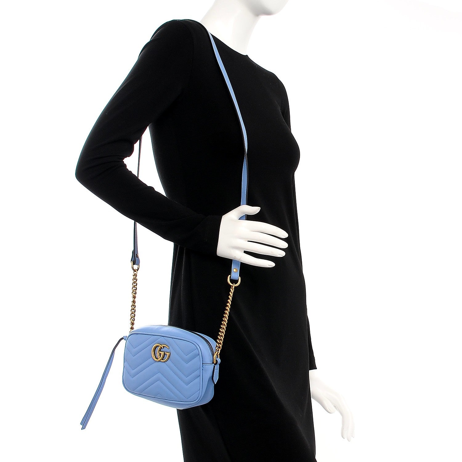Gucci Calfskin Matelasse Mini GG Marmont Chain Shoulder Bag Clear Sky Blue 2 of 7