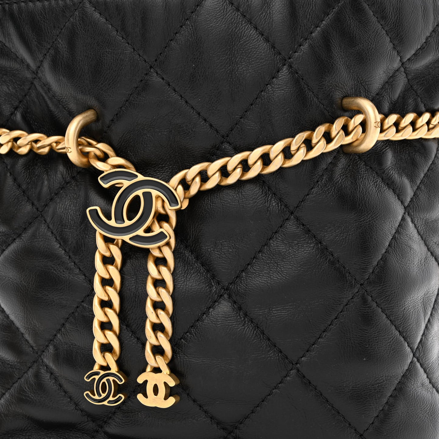 Lambskin Enamel Quilted Pending CC Bucket Drawstring Bag Black