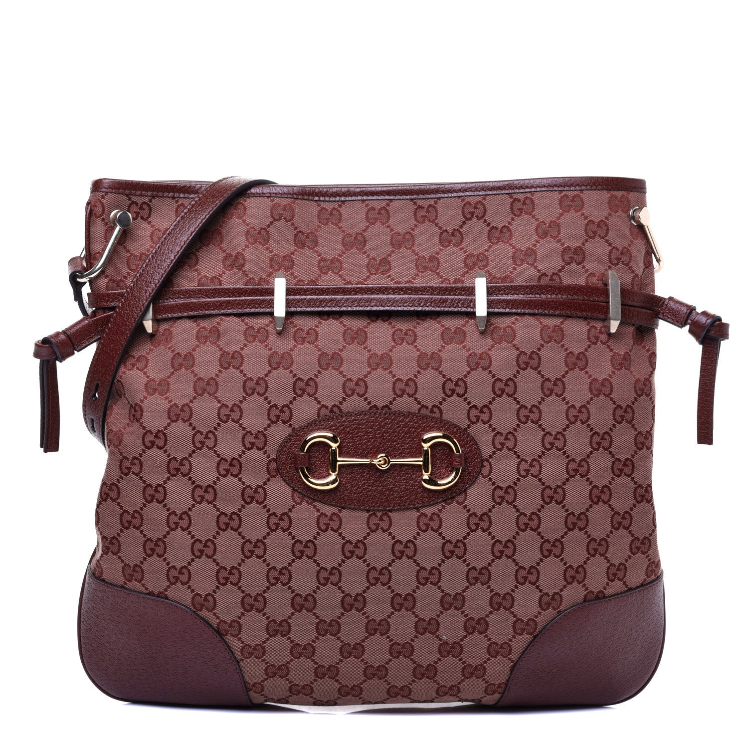 Gucci Monogram Textured Dollar Calfskin Horsebit 1955 Cinch Top Messenger Bag Sahara Rubino Chardonnay 1 of 10