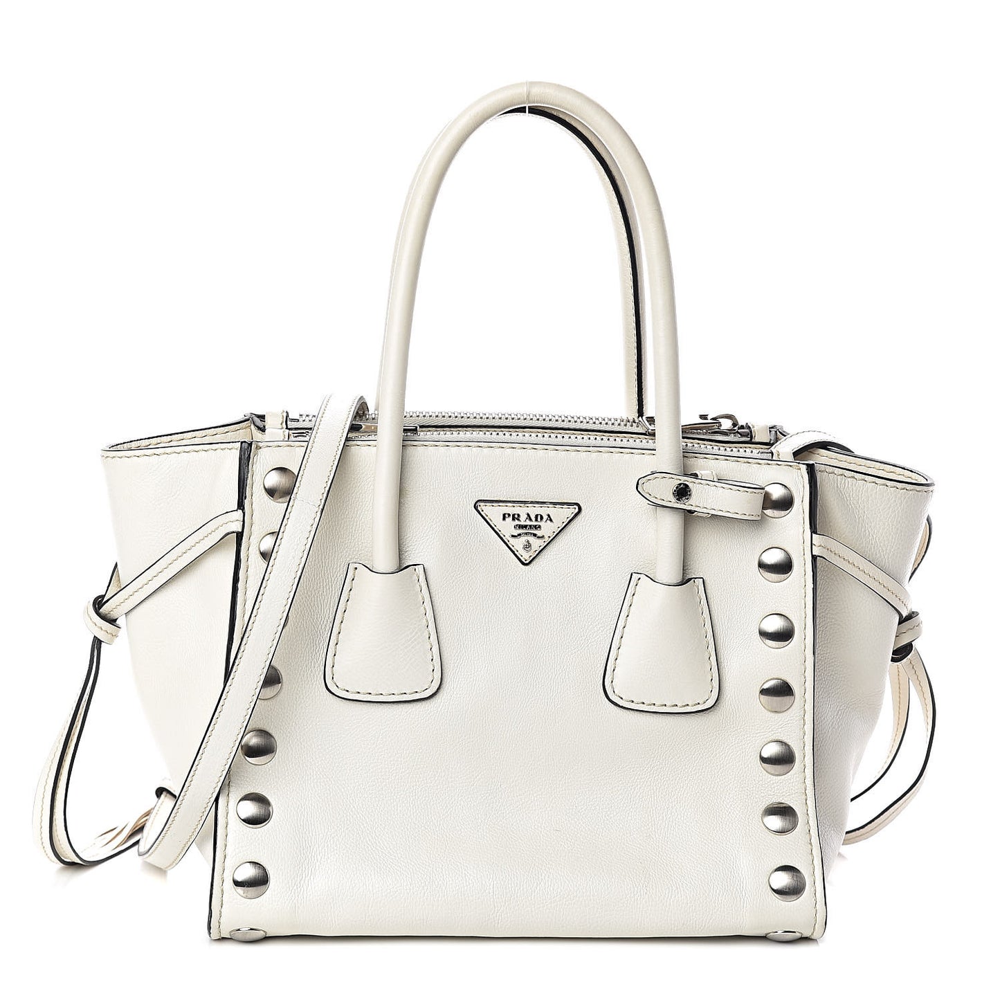 Glace Calf Studded Twin Pocket Tote White