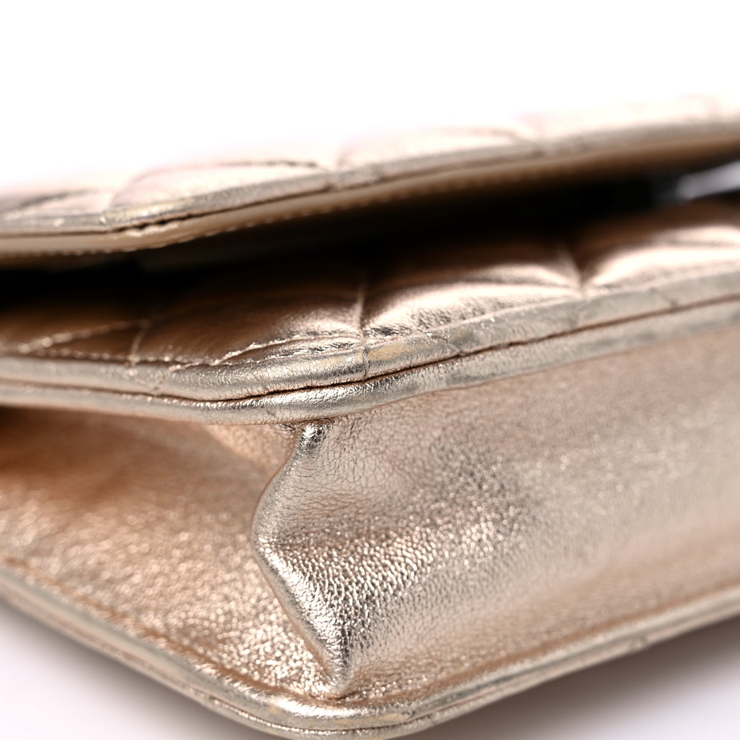 Metallic Lambskin Quilted Wallet On Chain WOC Gold Black