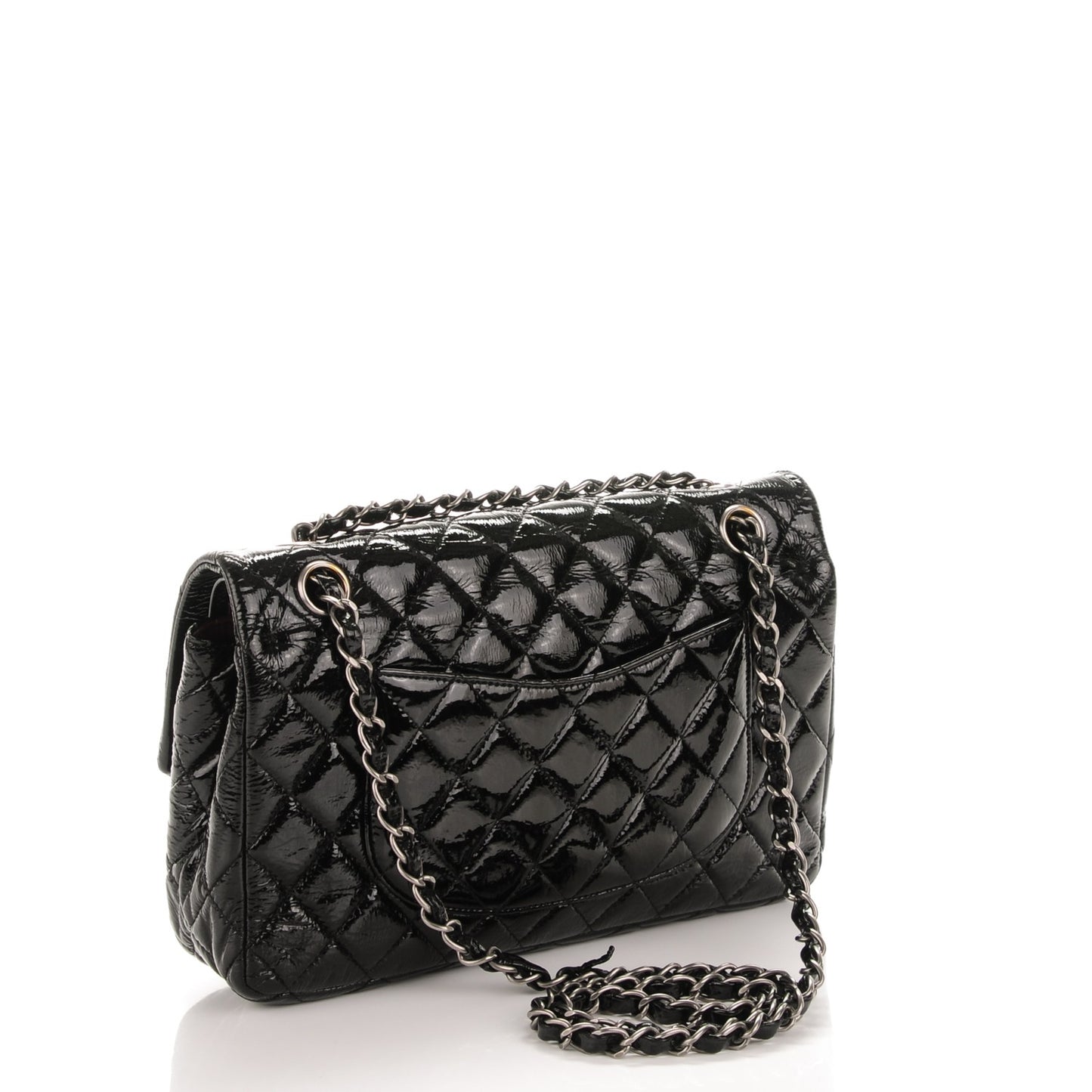 Distressed Patent Quilted Medium Double Flap Black