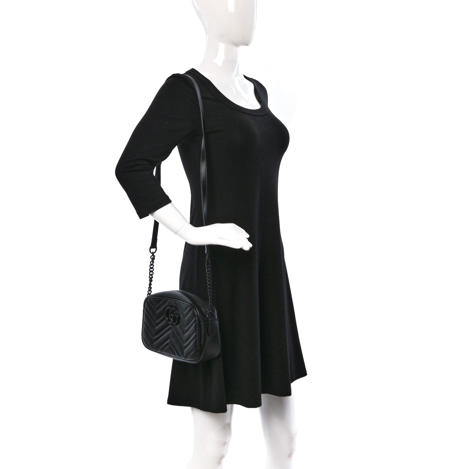 Gucci Calfskin Matelasse Monochrome Small GG Marmont Chain Shoulder Bag Black 2 of 9