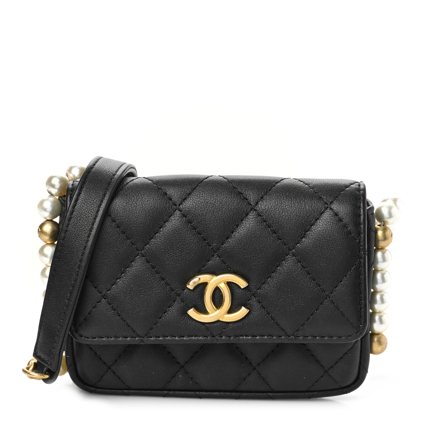 Calfskin Quilted About Pearls Card Holder Flap With Chain Black