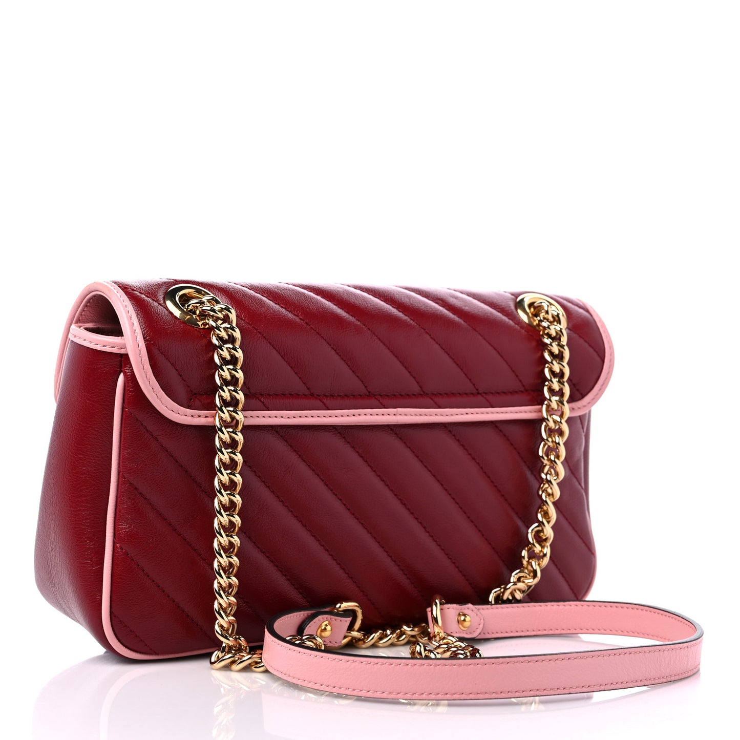 Azalea Calfskin Enamel Matelasse Diagonal Small Torchon GG Marmont Shoulder Bag New Cherry Red Wild Rose