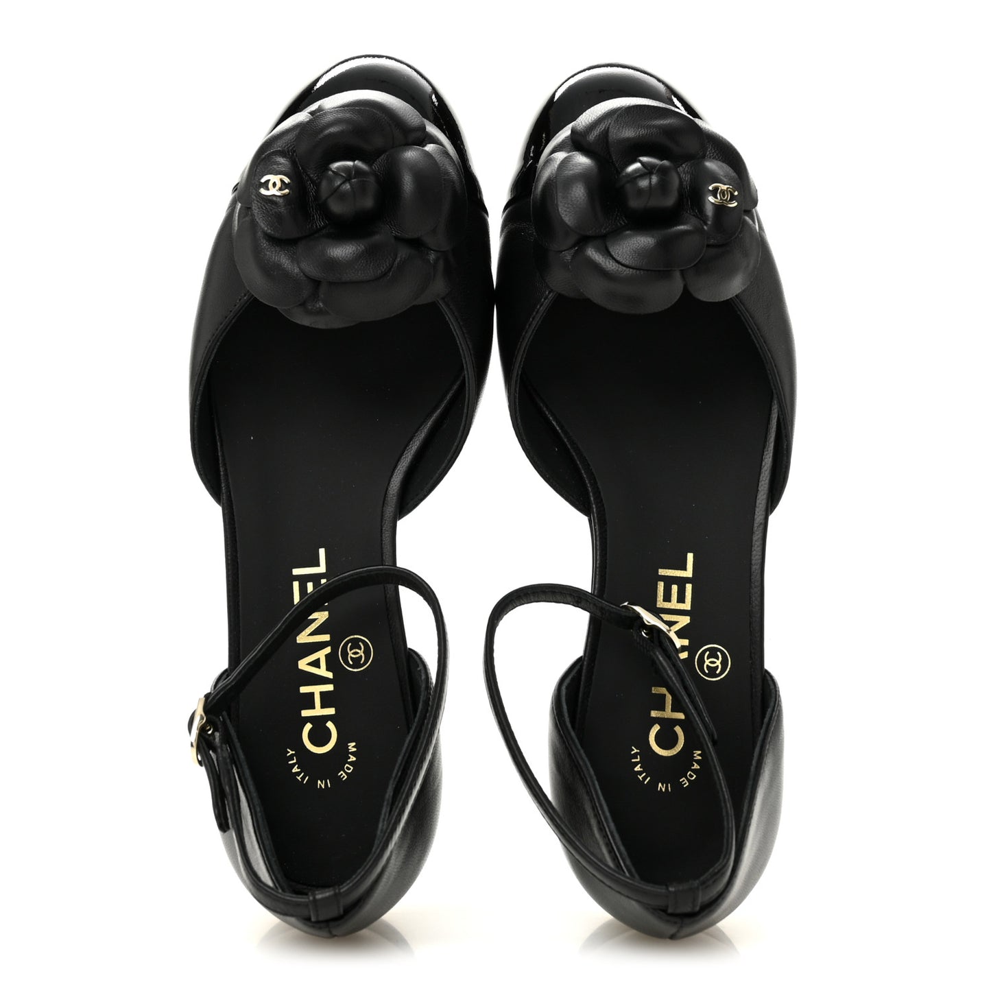 Lambskin Patent Calfskin Cap Toe Camellia Mary Jane Flats 36 Black