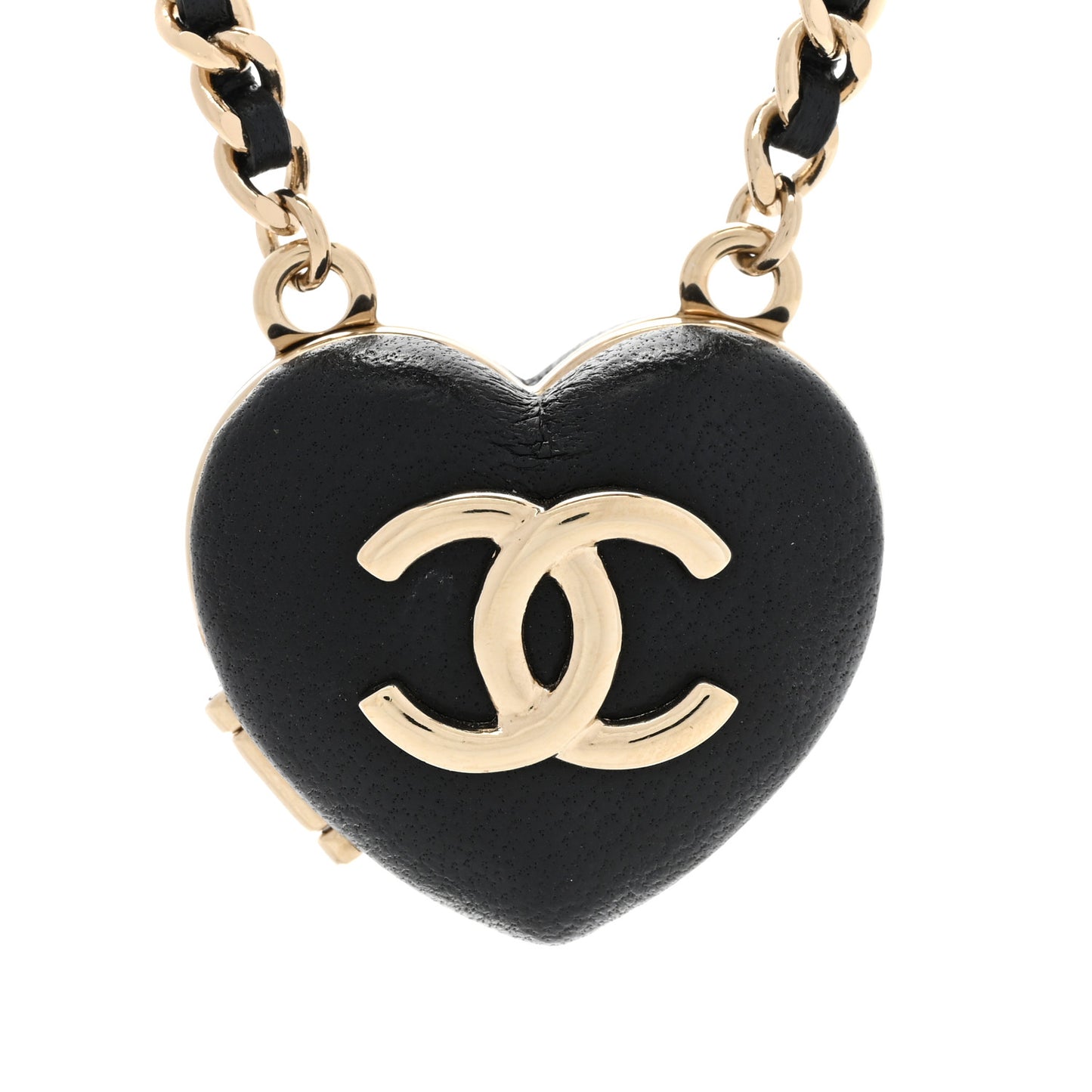 Lambskin CC Heart Mirror Locket Necklace Gold Black