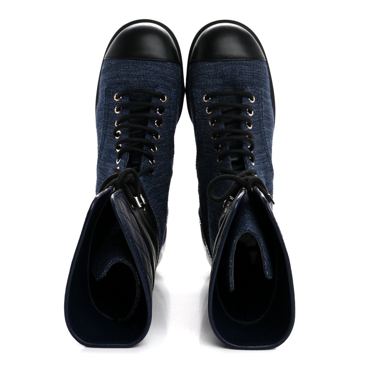 Denim Patent Lambskin Quilted CC Lace Up Combat Boots 38.5 Blue Black