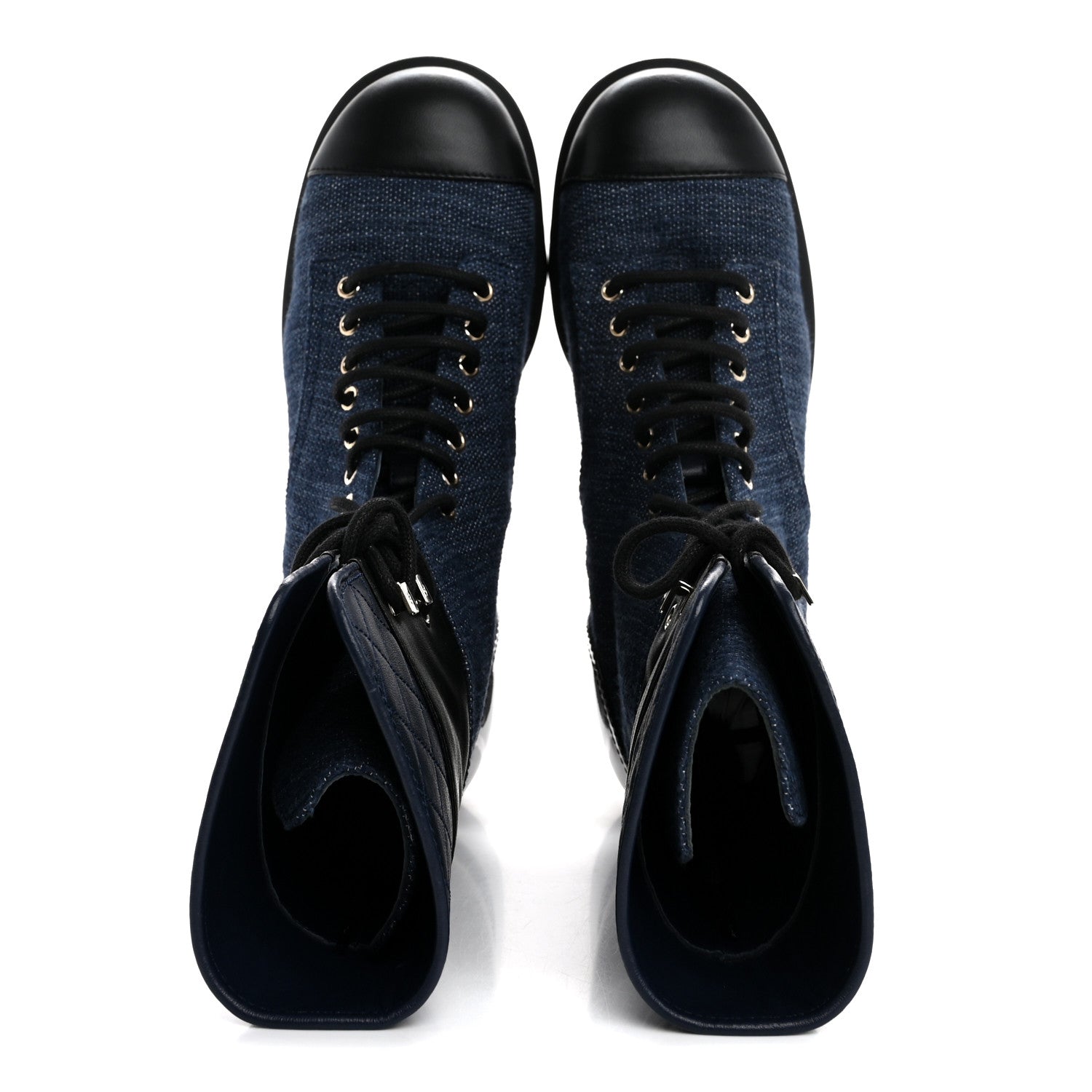 Chanel Denim Patent Lambskin Quilted CC Lace Up Combat Boots 38.5 Blue Black 2 of 9