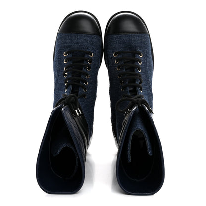 Chanel Denim Patent Lambskin Quilted CC Lace Up Combat Boots 38.5 Blue Black 2 of 9